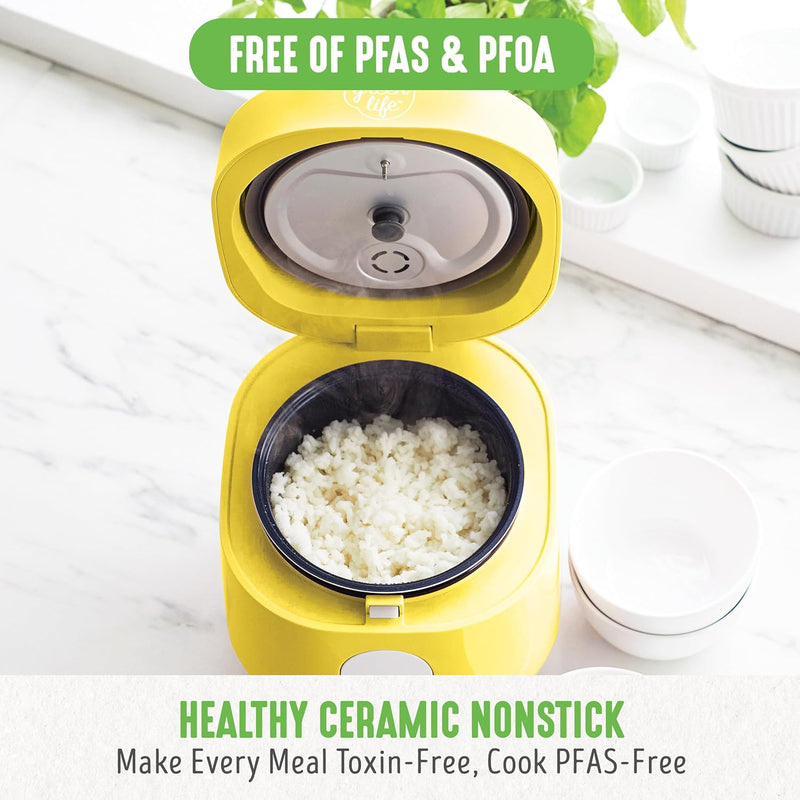 GreenLife Healthy Ceramic Nonstick 4-Cup Rice Oats and Grains Cooker, PFAS-Free, Dishwasher Safe Parts, Black