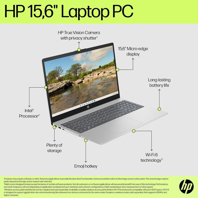 HP Laptop 15-fd0050ne, 15.6" FHD, 13th Gen Intel Core i5, 8GB RAM, 512GB SSD, 2GB NVIDIA GeForce MX570, Windows 11 Home, En -Ar KB, Natural silver - 9P2X1EA