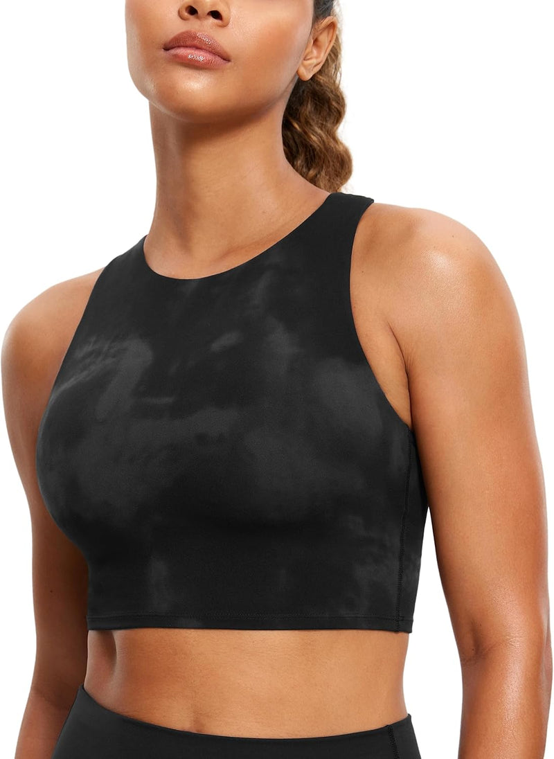 CRZ YOGA Butterluxe Womens Racerback High Neck Longline Sports Bra - Padded Workout Crop Tank Tops with Built in Shelf Bra