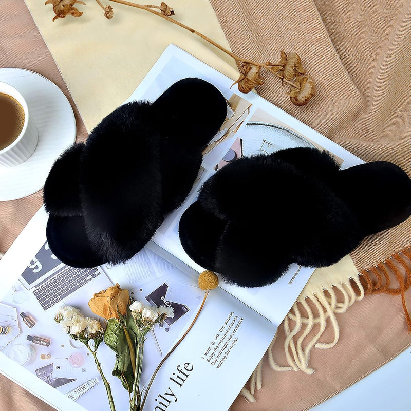 Women's Cross Band Slippers Soft Plush Furry Cozy Open Toe House Shoes Indoor Outdoor Faux Rabbit Fur Warm Comfy Slip On Breathable