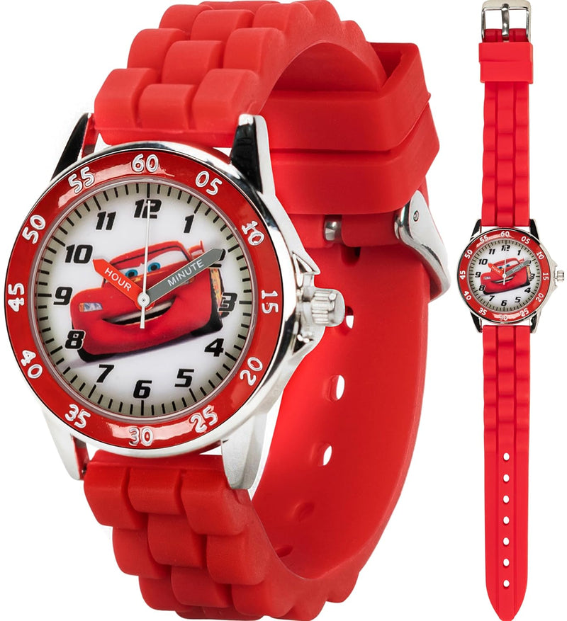 ACCUTIME Cars Kids' Analogue Watch with Silver-Tone Casing, Red Bezel, Red Strap - Official Cars Lightning McQueen Character on the Dial, Time-Teacher Watch, Safe for Children - Model: CZ1009