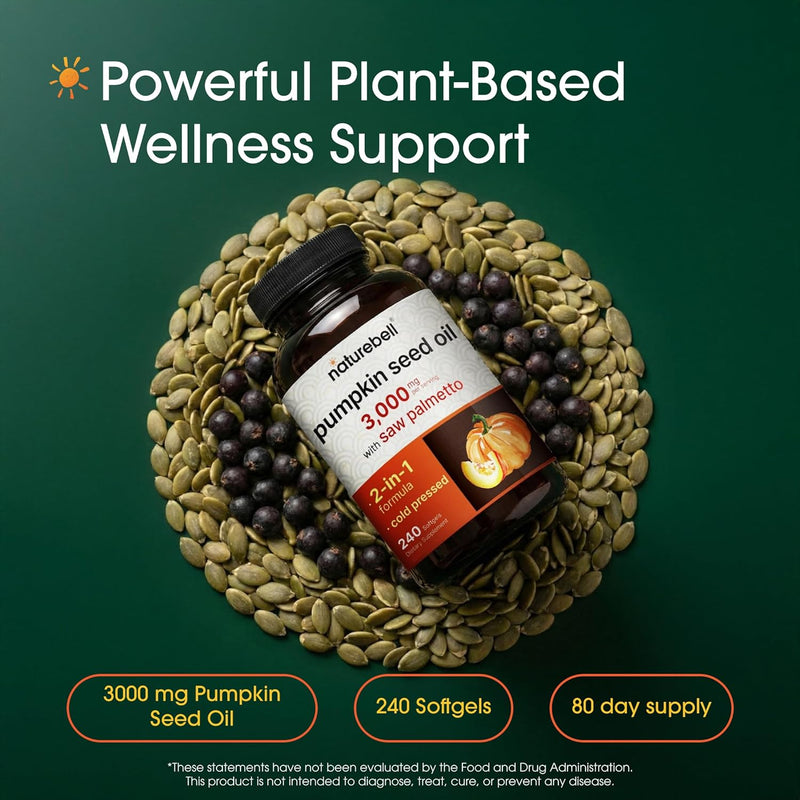 Virgin Pumpkin Seed Oil 3,000mg Per Serving with Saw Palmetto, 240 Softgel Capsules Cold Pressed Rich in Omega 6 & 9 Essential Fatty Acids Prostate & Bladder Supplements, Non-GMO - 240 Count (Pack of 1)