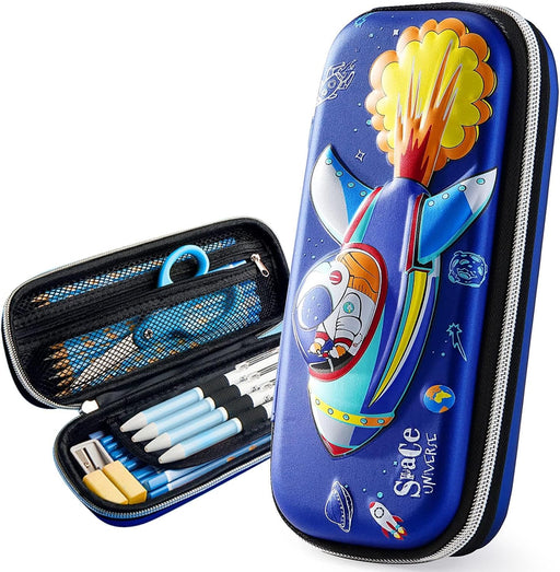 Pencil Case for Boys, 3D EVA Cartoon Space Storage Pouch Pen Holder, Pencil Case with Compartments for School Kids, Large-Capacity Storage Box, Children's Student Stationery Gift Box, Spaceship Blue