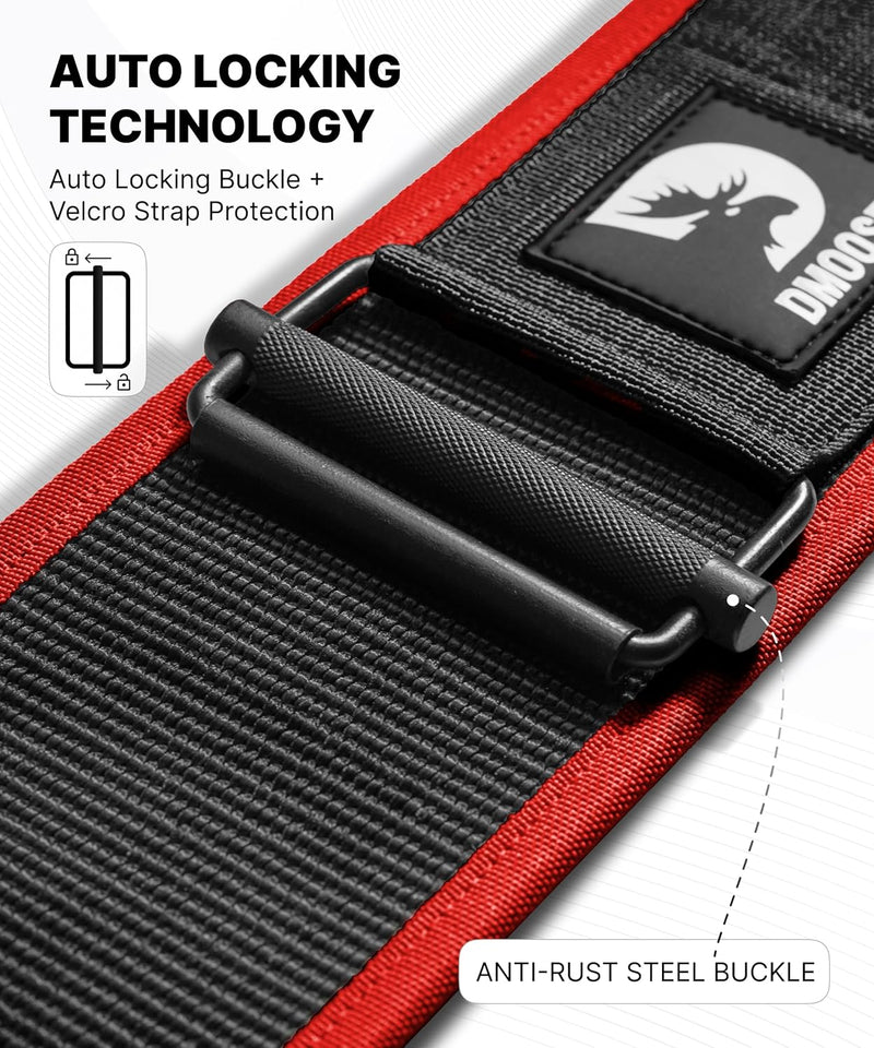 DMoose Fitness Weight Lifting Belt - Auto Locking 4" Nylon Gym Belt with Adjustable Buckle - Provides Lumbar Support & Stability for Olympic Training, WOD & Cross Training for Men & Women