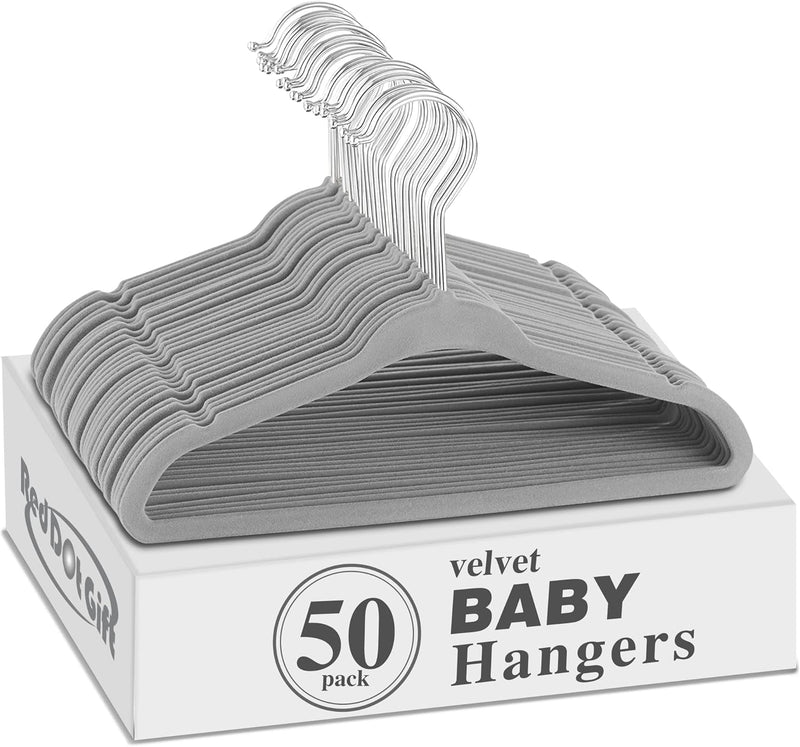 Red Dot Gift® 50 Pack Baby Velvet Hangers 11Inch/28cm - Nursery Clothes Hangers Non Slip Toddler Hangers, 360 Chrome Swivel Hook (White, 50)