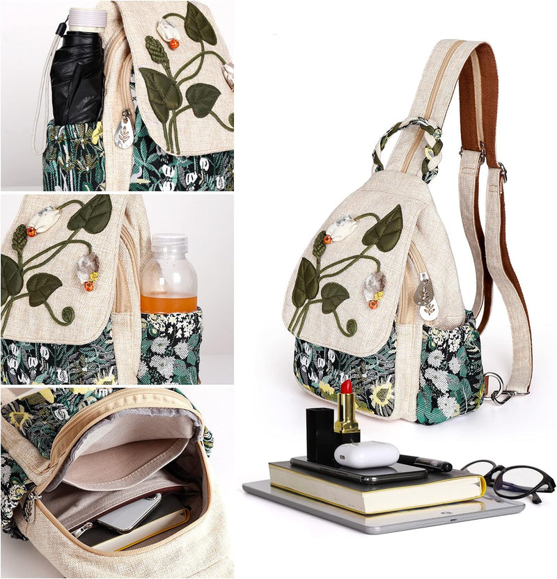 Girl's Convertible Sling Bag, Hand Craft Artisan Backpack, Beautiful Canvas Premium Casual Day Pack for Women - Green Marsh
