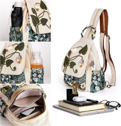 Girl's Convertible Sling Bag, Hand Craft Artisan Backpack, Beautiful Canvas Premium Casual Day Pack for Women - Green Marsh