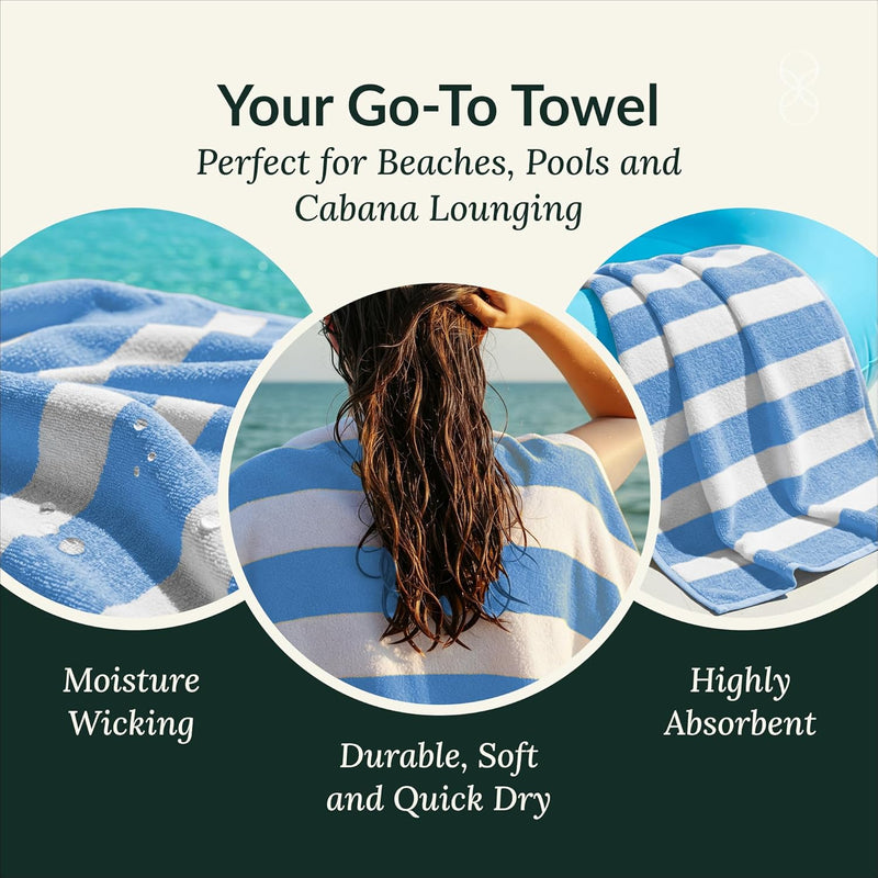 Cloud Scape Linen 2 Pcs Cabana Stripe Beach Towel Set, Oversized Soft Cotton Towel, Quick Dry and Highly Absorbent, Perfect for Beach, Picnic and Fitness, 76x152 cm, Blue