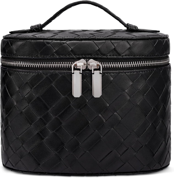 Makeup Bag Travel Makeup Bag with Compartments and Handle Portable Toiletry Bag for Women - Large Weave-black