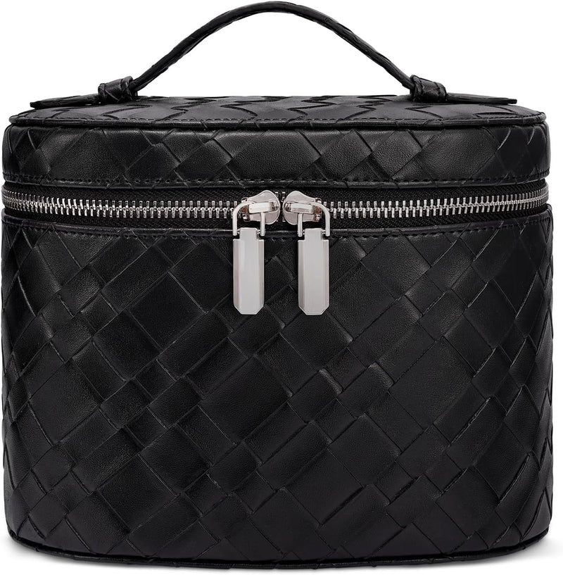 Makeup Bag Travel Makeup Bag with Compartments and Handle Portable Toiletry Bag for Women - Large Weave-black
