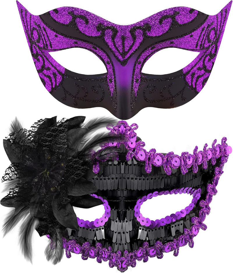 Couple Masquerade Masks Set Venetian Party Mask Costume Mask - Black & Purple