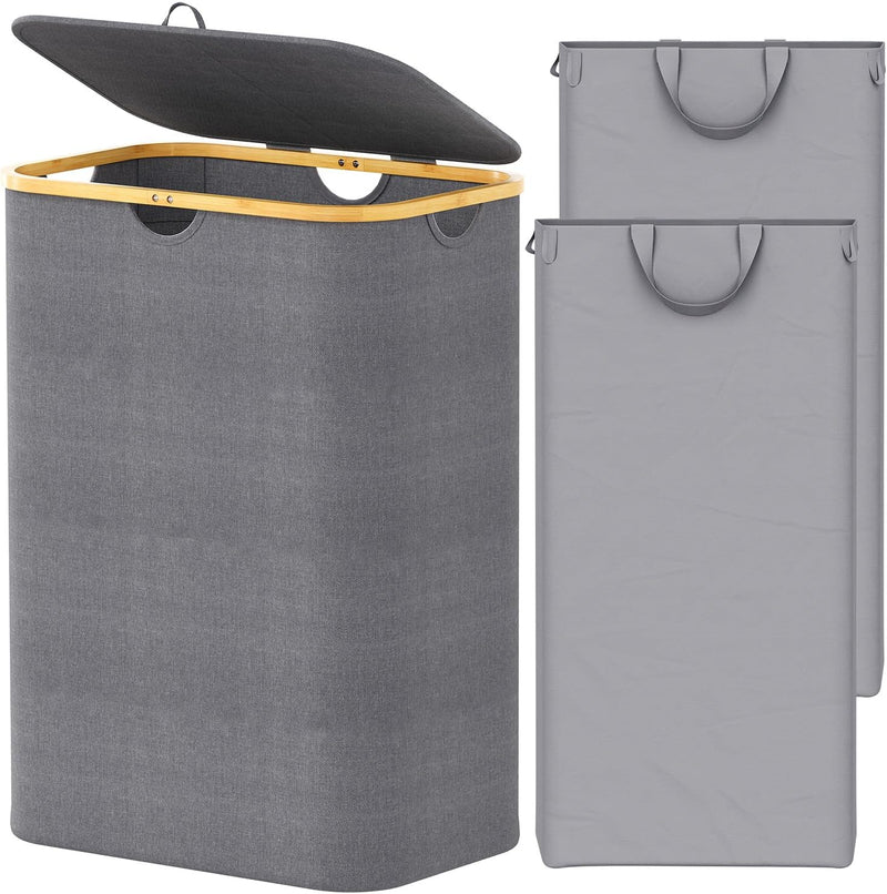 SpaceAid Slim Laundry Hamper with Lid, 65L Narrow Clothes Basket Bin with Bamboo Handles, Skinny Tall Collapsible Hamper for Bedroom, Bathroom, Dorm, Laundry Room - Black - 160L 2 Section Grey