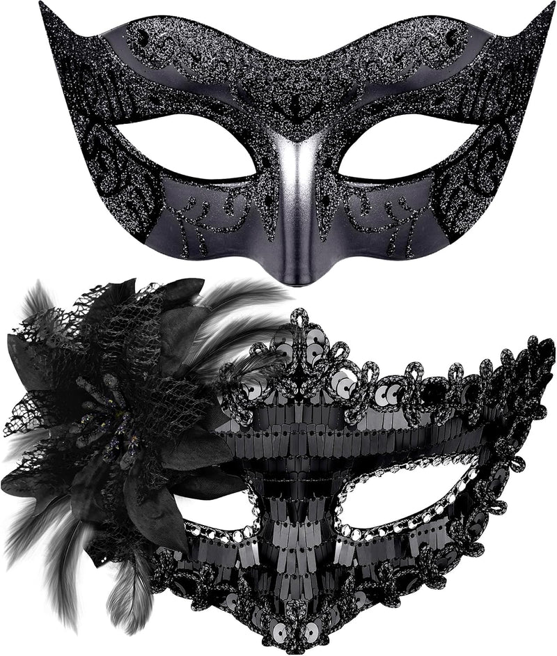 Couple Masquerade Masks Set Venetian Party Mask Costume Mask - Sequins Black