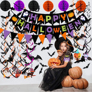 Happy Halloween Banner Party Decorations, Triangle Flag Bunting, Hanging Garland, Honeycomb Ball, Swirl Streamers & Confetti Dots for Halloween Party Decorations