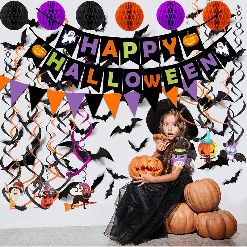 Happy Halloween Banner Party Decorations, Triangle Flag Bunting, Hanging Garland, Honeycomb Ball, Swirl Streamers & Confetti Dots for Halloween Party Decorations