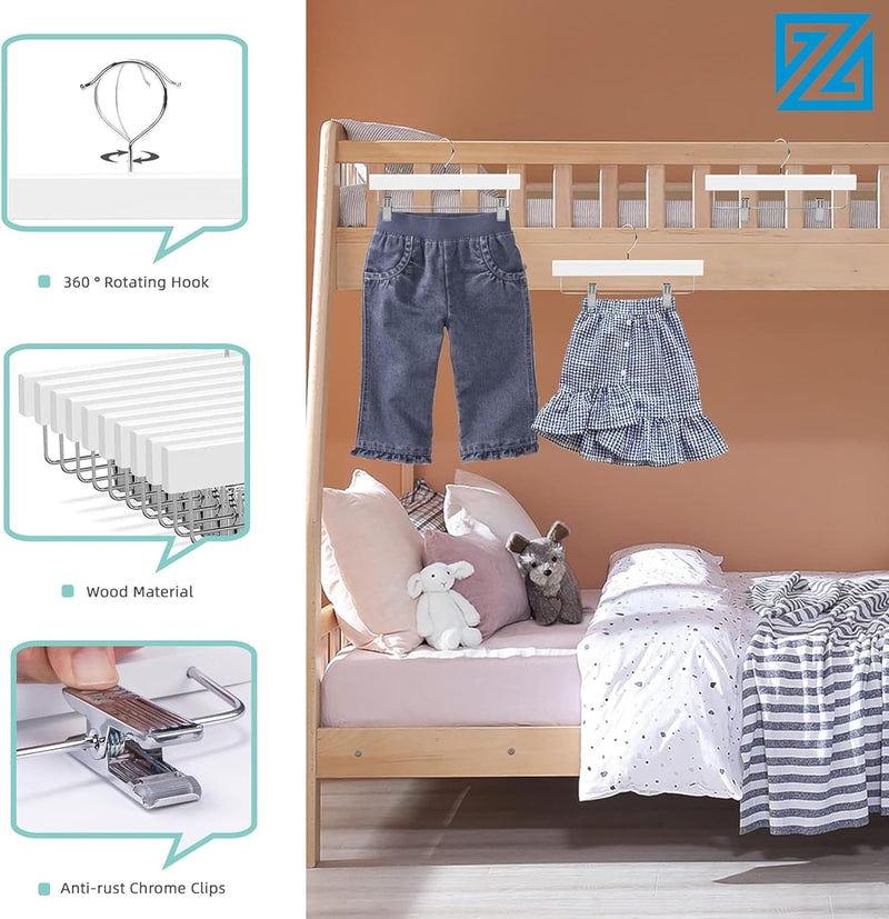 ZOBER Wooden Hanger with Clips for Kids - Premium Adjustable Non-Slip Hangers for Toddlers, Children & Baby Clothes - Durable & Space-Saving Design for Organizing the Cloths Pack of 5 (White)