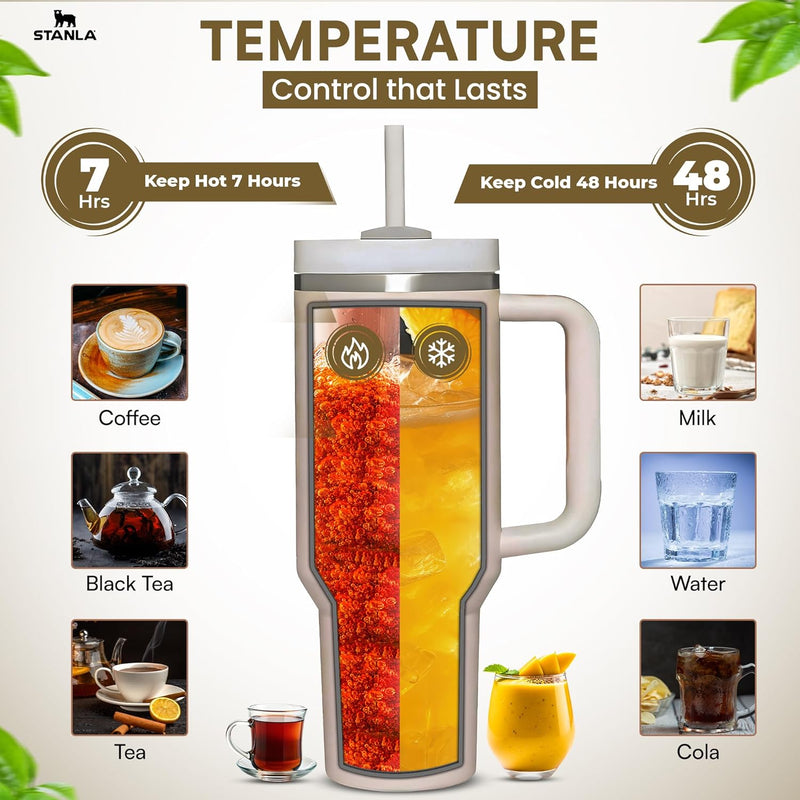 STANLA 40 oz Tumbler with Lid and Straw | Travel Mug for Iced Tea & Coffee | 100% Leakproof, Stainless Steel Insulated Tumbler for School,Office & Gym | Cup Holder Friendly Base (Cream)
