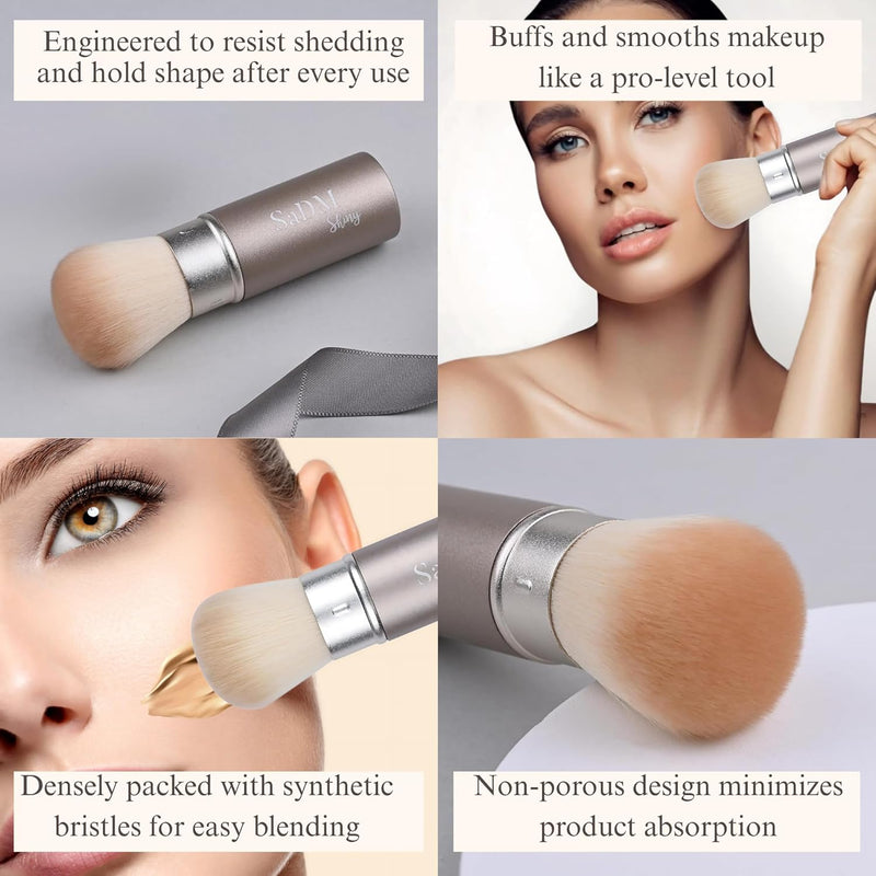 Retractable Kabuki Makeup Brush - Blender Brush for Powder, Cream, Liquid Foundation, Sunscreen, Blush Blending & Bronzer - Professional Make Up Brush - Full Face Makeup Brush - Vegan & Cruelty Free