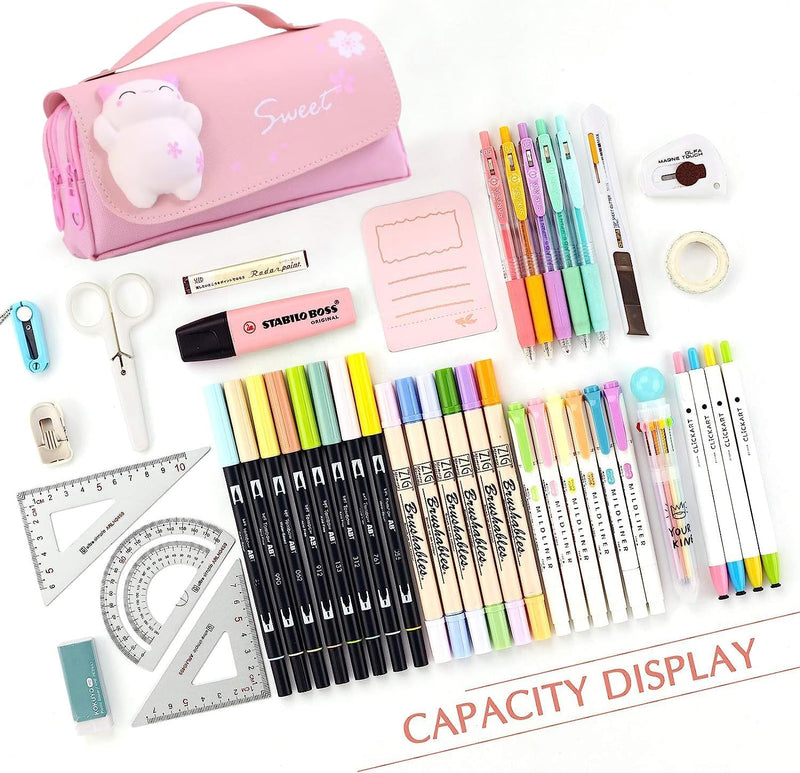 Large Capacity Pencil Case, 3 Compartments Pouch Pen Bag for School Kids Teen Girl, Students Stationery Organizer Stress Release Pencil Case(Pink)