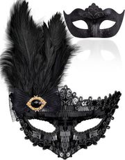 Couple Masquerade Masks Set Venetian Party Mask Costume Mask - Feather Black