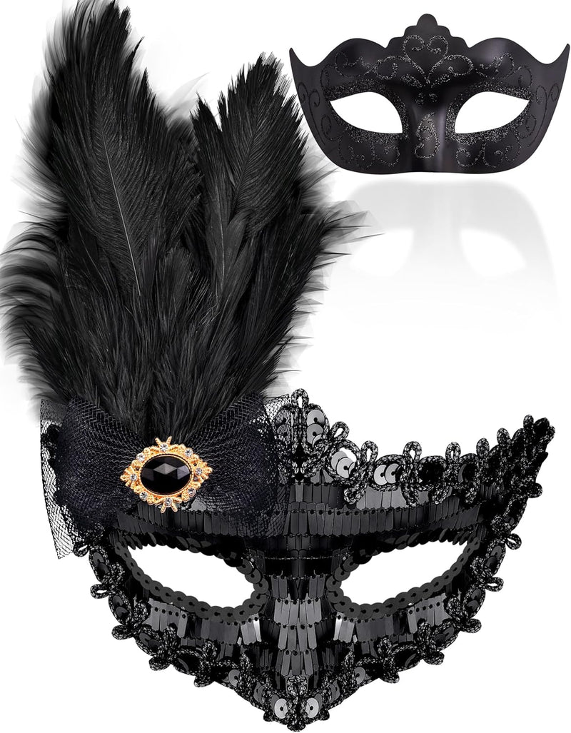 Couple Masquerade Masks Set Venetian Party Mask Costume Mask - Feather Black