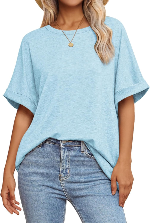 Womens Oversized T Shirts Loose Fit Crewneck Short Sleeve Summer Casual Blouse 2024 Y2K Tee Tops - Sky Blue