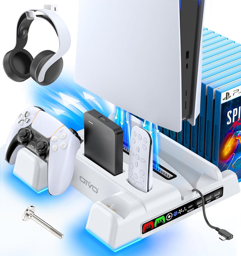 OIVO PS5 / PS5 Slim Stand and Cooling Station With RGB LED Controller Charging Station for Playstation 5 Console, Controller Charger, Accessories With 3 Level Cooling Fan