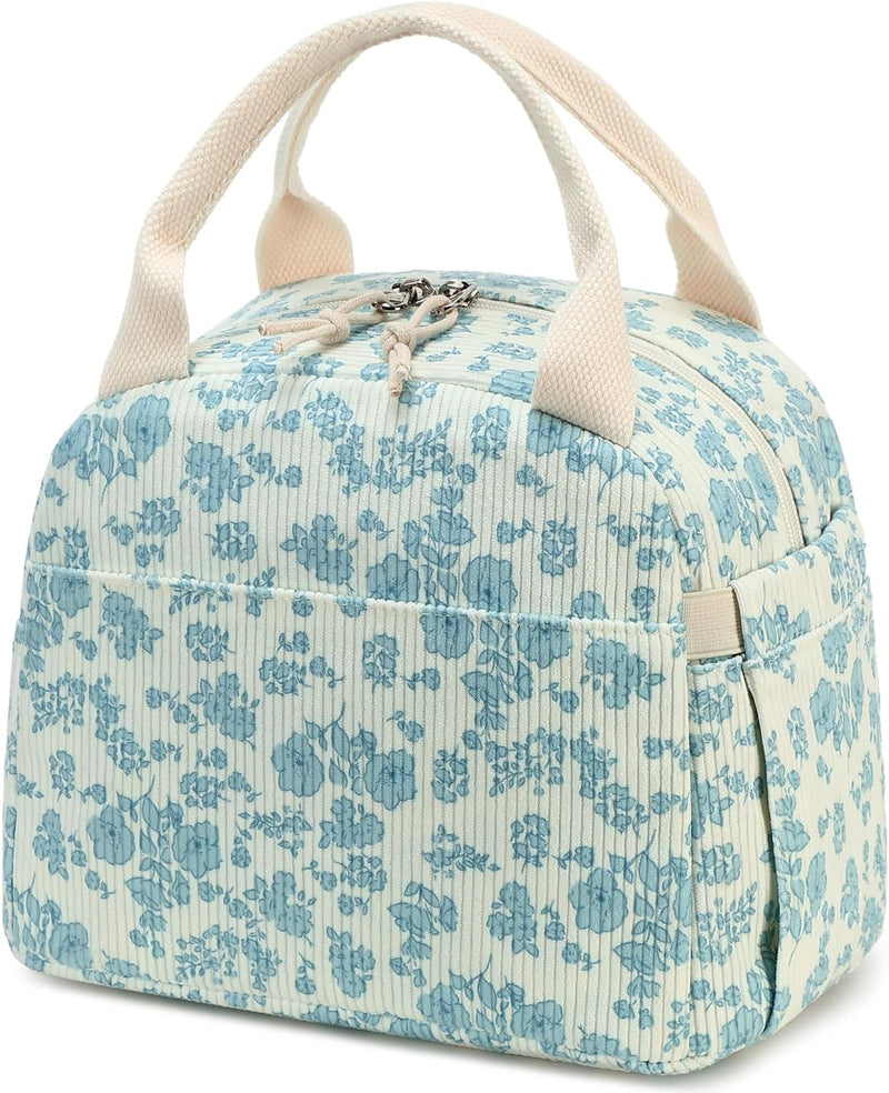 Lunch Bag for Women Men Cute Corduroy Lunch Tote Bags Reusable Insulated Lunch Box Large Capacity Reusable Insulated Cooler for Work Picnic or Travel (Corduroy strawberry) - Corduroy Blue Flower 202