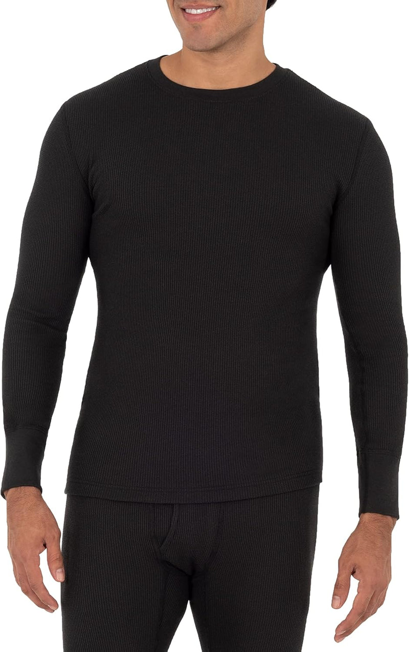 Men's Recycled Waffle Thermal Underwear Crew Top (1 and 2 Packs) Pajama Top - Black
