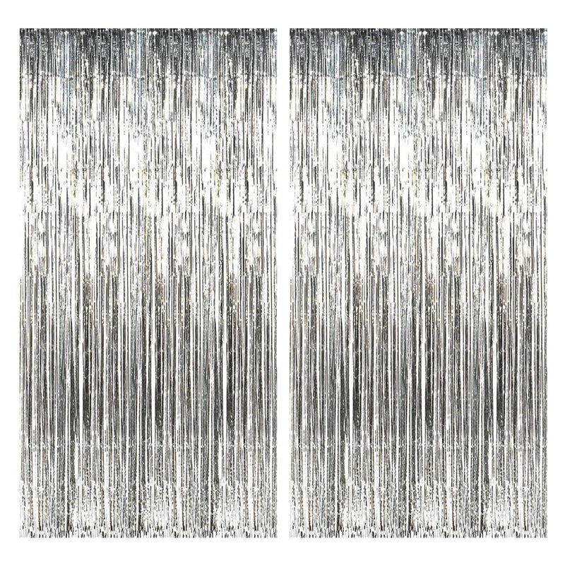 BrainGiggles Silver Metallic Foil Fringe Curtain Pack of 2– 6Ft x 3Ft Self Adhesive Tinsel Streamers Party Backdrop for Birthday, Bachelorette, Wedding, Baby Shower, Eid, Graduation Party Decorations