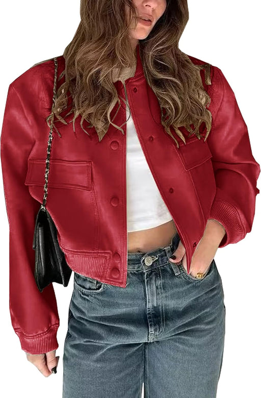 Womens Cropped Bomber Jacket Button Down Varsity Jackets Shackets With Pockets - Red