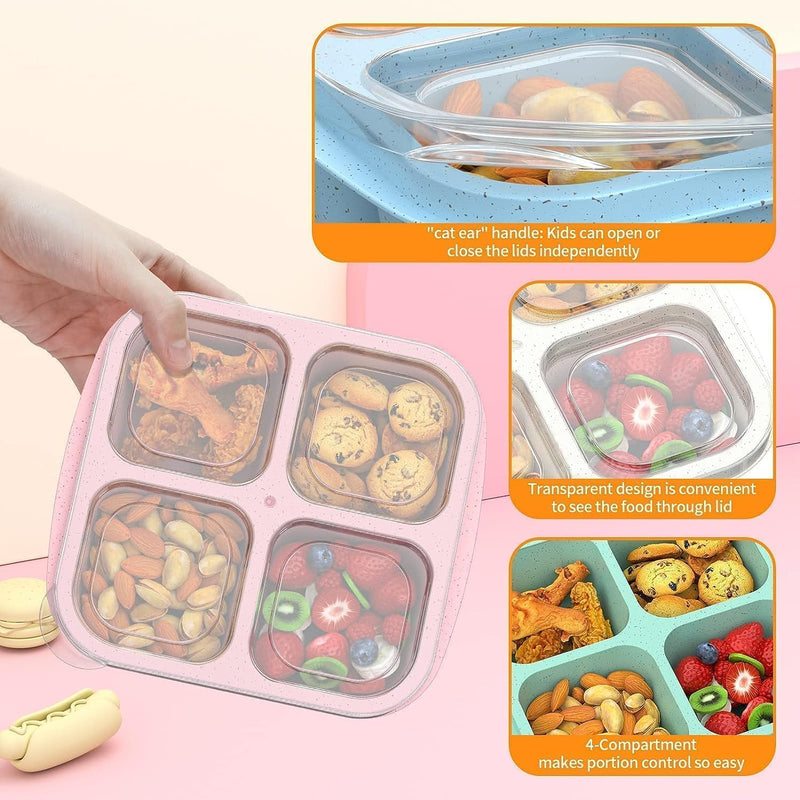 Bento Snack Boxes 4 Pack, Reusable 4-Compartment Food Containers with Fork, Lunch Storage for Adults & Teens, Bento for Work, School & Travel