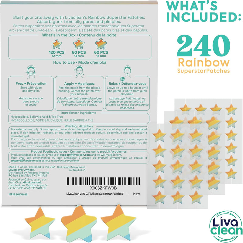 LivaClean Star Pimple Patches for Face w/Hydrocolloid, Salicylic Acid & Tea Tree, 240 Patches, Hydrocolloid Acne Patch, Cute Star Pimple Patch for Healing Stickers Zit Superstar