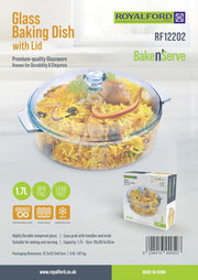 Royalford 1.7L Glass Baking Dish With Lid RF12202 - Roasting Tray, Oven Safe Roaster Pan, Fridge & Freezer Safe, Durable & Easy Clean for Cooking, Serving, Storing, Freezing