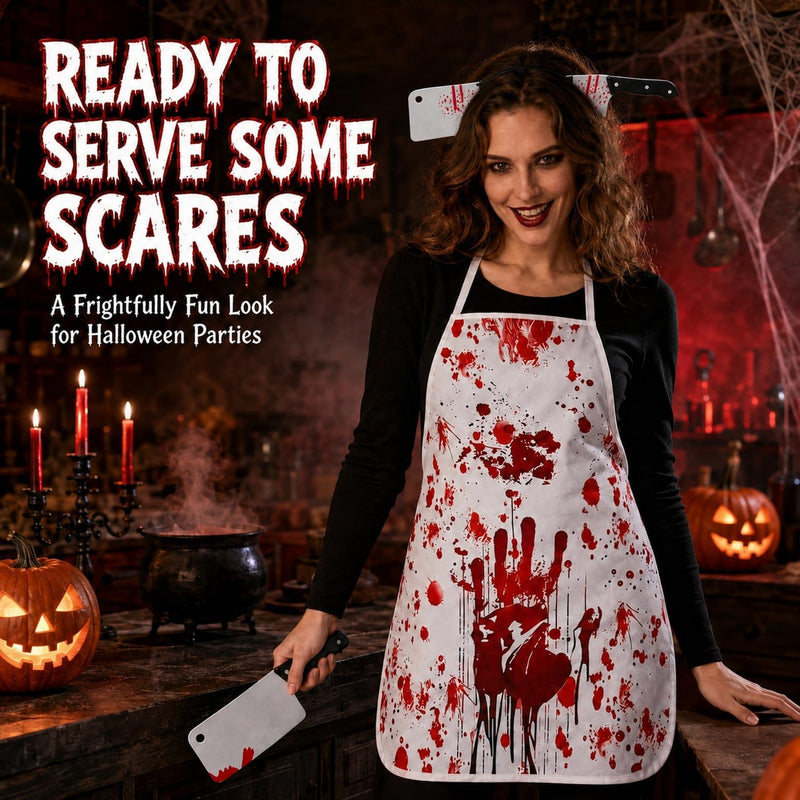 4 PCS Halloween Butcher Costume Set for Men, Adults and Teenagers Bloody Apron, Knife Headband and Sticker, Scary Halloween Costumes, Horror Chef Cosplay Outfit