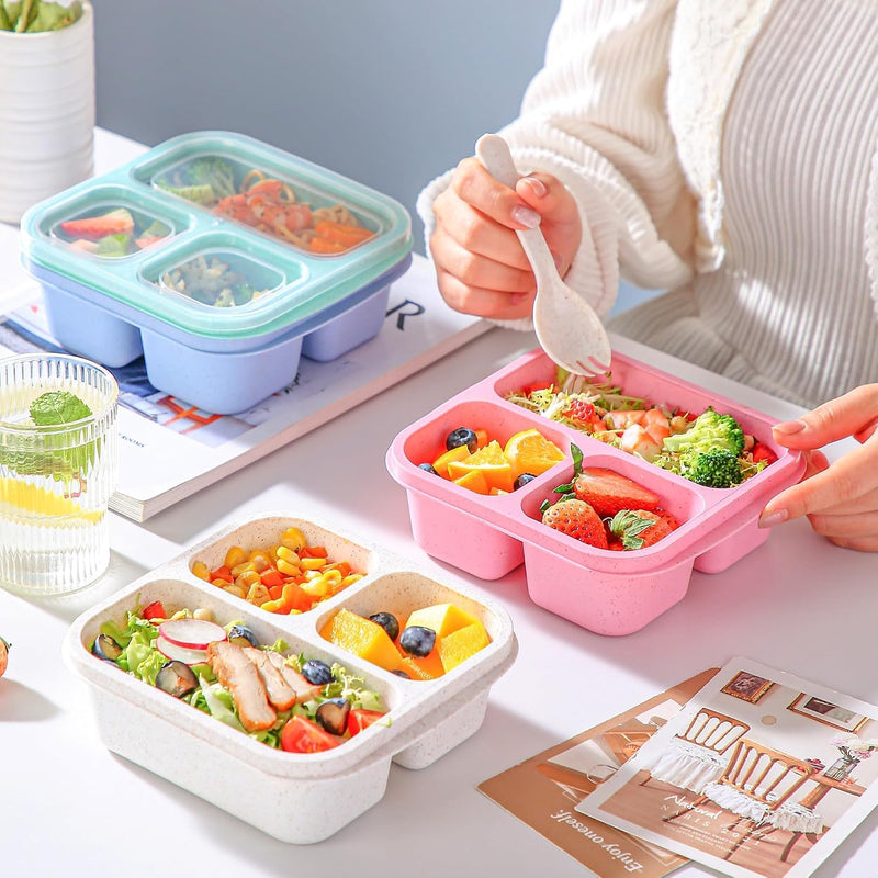 4 Pcs Stackable Wheat Straw PP 3-Compartment Bento Box, Meal Prep Container for School, Work, Travel, Freezer and Dishwasher Safe