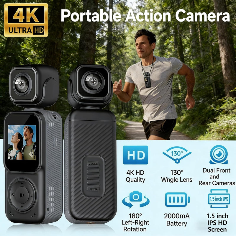 Angju 4K Pocket Vlogging Camera with Dual Screen & 3-Axis Gimbal Stabilizer, Handheld Portable Video Camera with WiFi, Face Tracking, 270 Rotation & 64GB SD Card