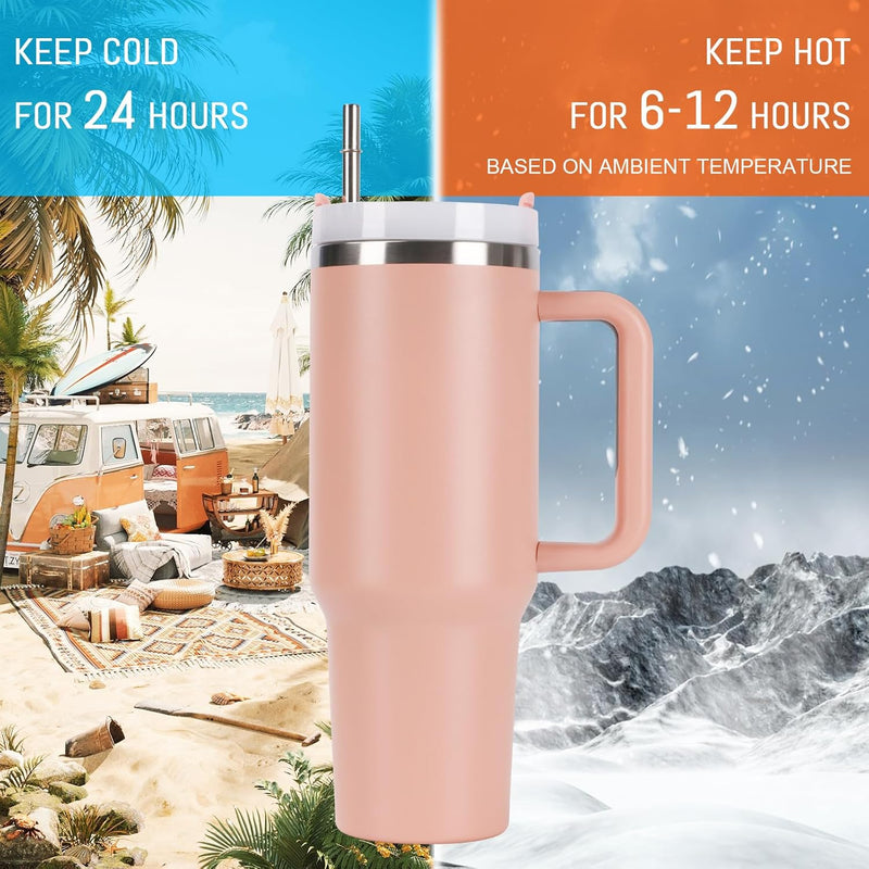 Kerykwan 40oz Tumbler with Handle Insulated Stainless Steel Travel Coffee Mug with Straw&Lid Large Water Bottle Cup for Hot&Cold Beverages (Pink)