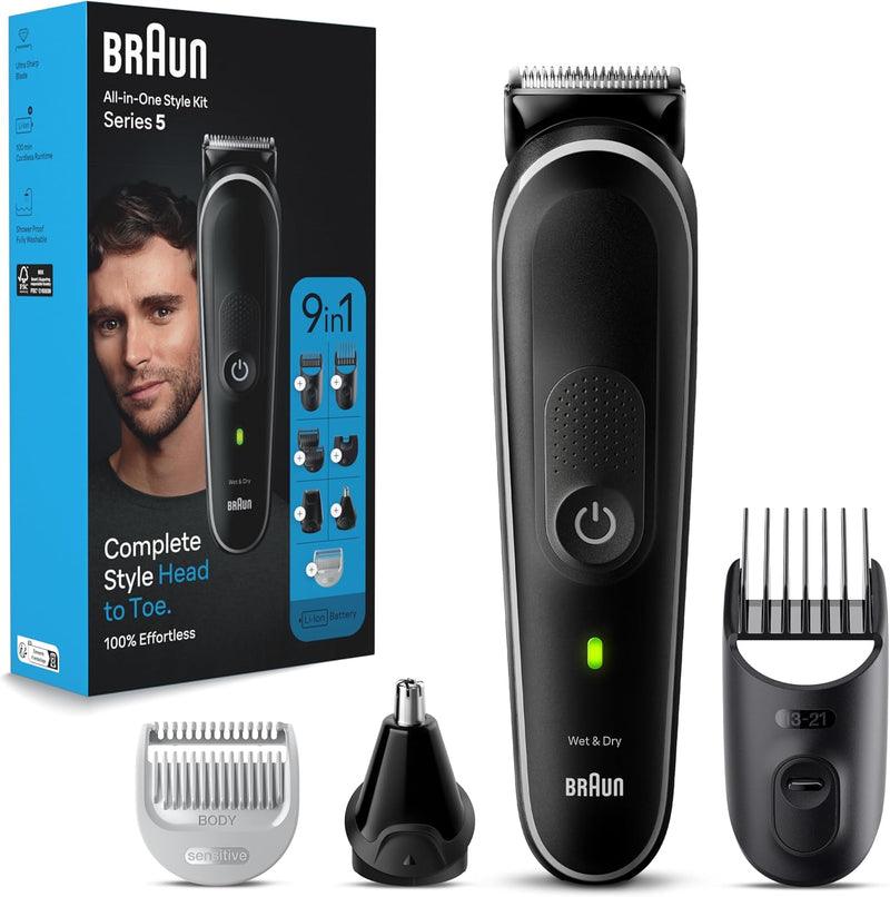 Braun All-in-One Series 7, 11-in-1 Grooming Set, ProBlade, Nose Hair Trimmer, AutoSense, Men's Electric Razor, Body Shaver, Beard Trimmer and Hair Trimmer, 120 Minute Battery, AIO7540, Blue - MGK 5410