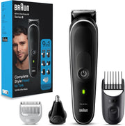 Braun 9-in-1 Multi Grooming Style Kit 5, MGK 5410, Head-To-Toe Grooming Curated Tools for Beard, Body, Ear & Nose trimming and hair clipping from home, With 100-min Runtime, Pouch, Grey - MGK 5410