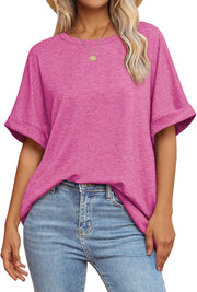 Womens Oversized T Shirts Loose Fit Crewneck Short Sleeve Summer Casual Blouse 2024 Y2K Tee Tops - Rose Red