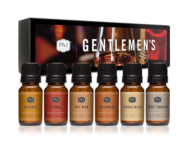 P&J Trading Gentlemen's Set of 6 Premium Grade Fragrance Oils - Leather, Sweet Tobacco, Teakwood, Bay Rum, Cedar, Sandalwood