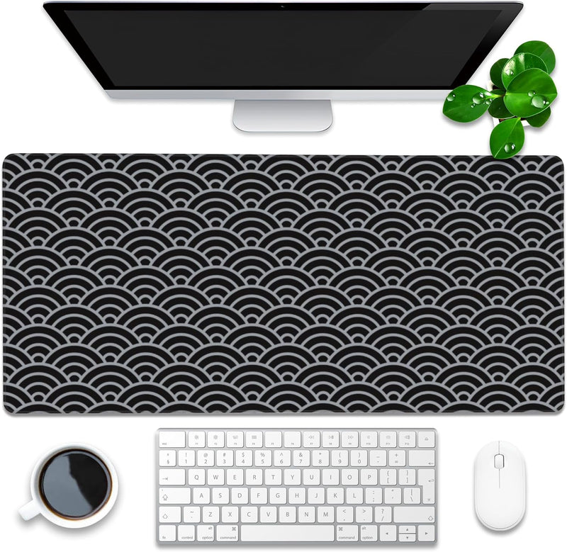 Desk Pad, Green Honeycomb Science Technology Extended Gaming Mouse Pad Large, 35.4"x15.7" Big Mouse Pad with Non-Slip Base and Stitched Edge, Long Computer Keyboard Mouse Mat for Home Office Work - 35.4"x15.7" Silver Black Waves