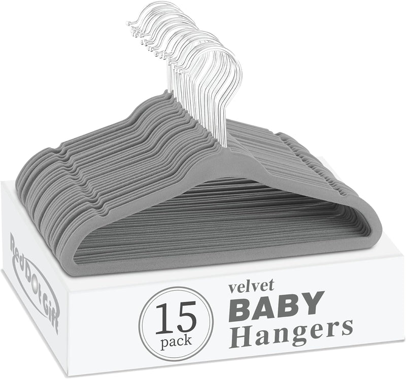 Red Dot Gift® 15-Pack Baby Velvet Hangers 11Inch - Nursery Clothes Hangers Non Slip Toddler Hangers, 360 Chrome Swivel Hook (Pink)