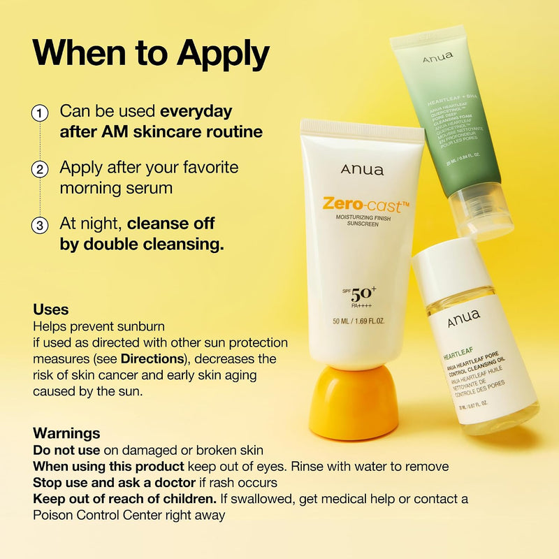 Zero-Cast Moisturizing Finish Sunscreen,SPF 50, Glow Natural Sunscreen,No White cast, Hyaluronic Acid, Niacinamide sun block for face,Oil-Free, Oxybenzone free, Travel Essential (50ml/1.69fl.oz)