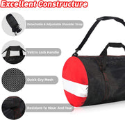 Mesh Dive Duffel Bag, Extra Large Sport Beach Bags with Adjustable Shoulder Strap, Totes and Zipper for Gym Gear, Sports Balls, Scuba Gear, Snorkeling, Diving, Rafting, and Water Sports, Black - Red and White