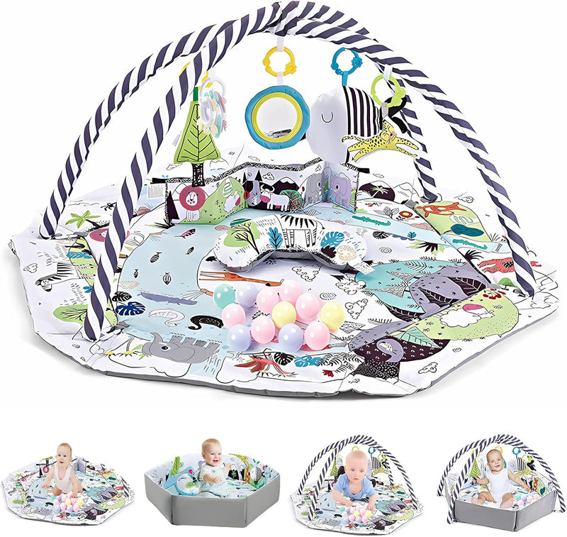 TFDER 7-in-1 Baby Play Gym, Infant Non-Slip Activity Blanket, Crawling Mat with Play Arch and Sensory Toys,Baby Toys 0+ Months,Black and White
