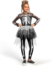 Spooktacular Creations Skeleton Costume for Girls, Girls Ghost Skeleton Jumpsuit, Dress Up for Halloween, Role Play, Cosplay Party - Black