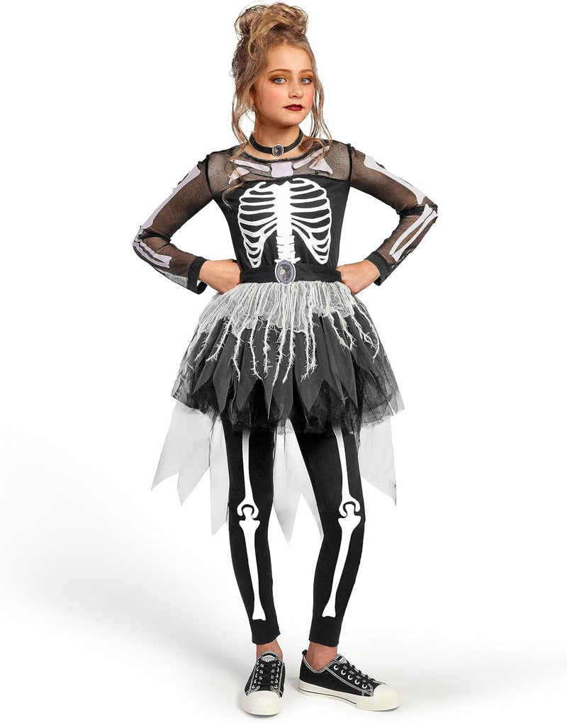 Spooktacular Creations Skeleton Costume for Girls, Girls Ghost Skeleton Jumpsuit, Dress Up for Halloween, Role Play, Cosplay Party - Black