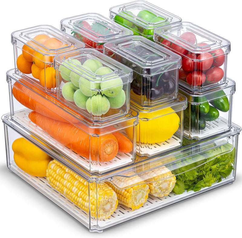 KUMD 10 Pack Fridge Organizers and Storage, Stackable Refrigerator Organizer Bins with Lids, BPA-Free Produce Fruit Storage Containers for Fridge Organizers, for Food, Drinks, Vegetable - 10 Pcs Food Storage Containers